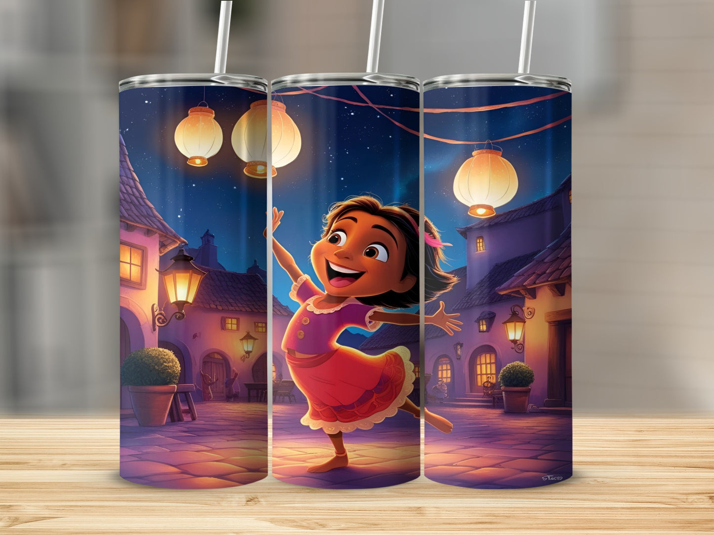 Cartoon girl dancing in a lit village square at night.