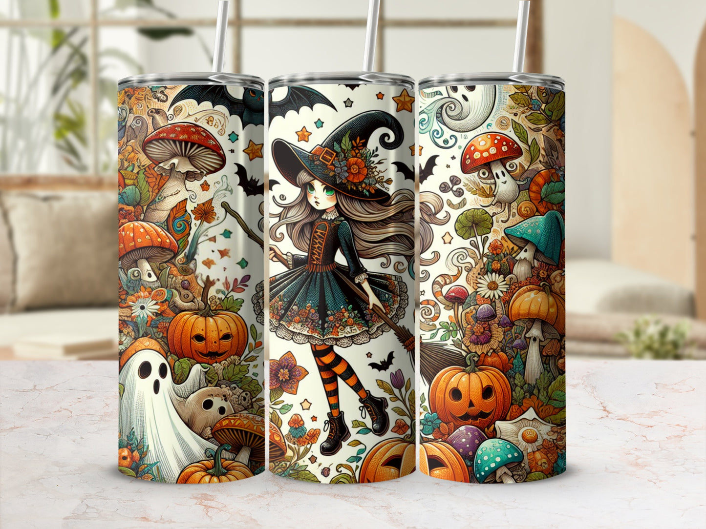 Halloween themed tumbler with witch, pumpkins, ghosts, bats, and mushrooms.