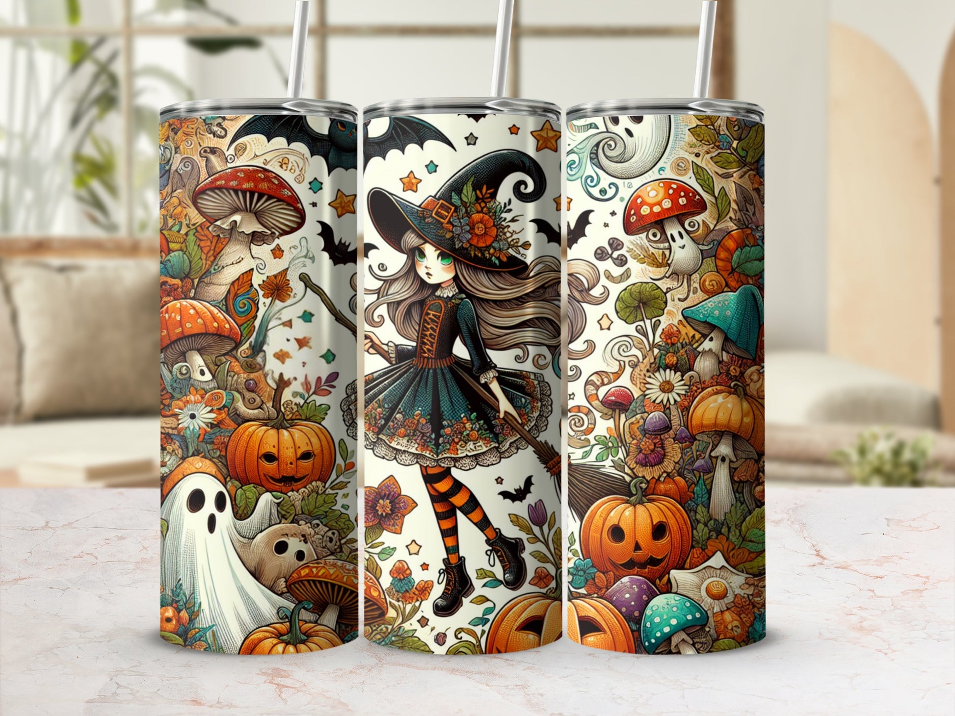 Halloween themed tumbler with witch, pumpkins, ghosts, bats, and mushrooms.