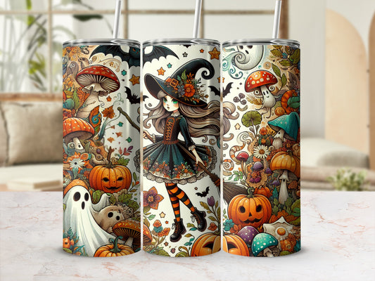 Halloween themed tumbler with witch, pumpkins, ghosts, bats, and mushrooms.