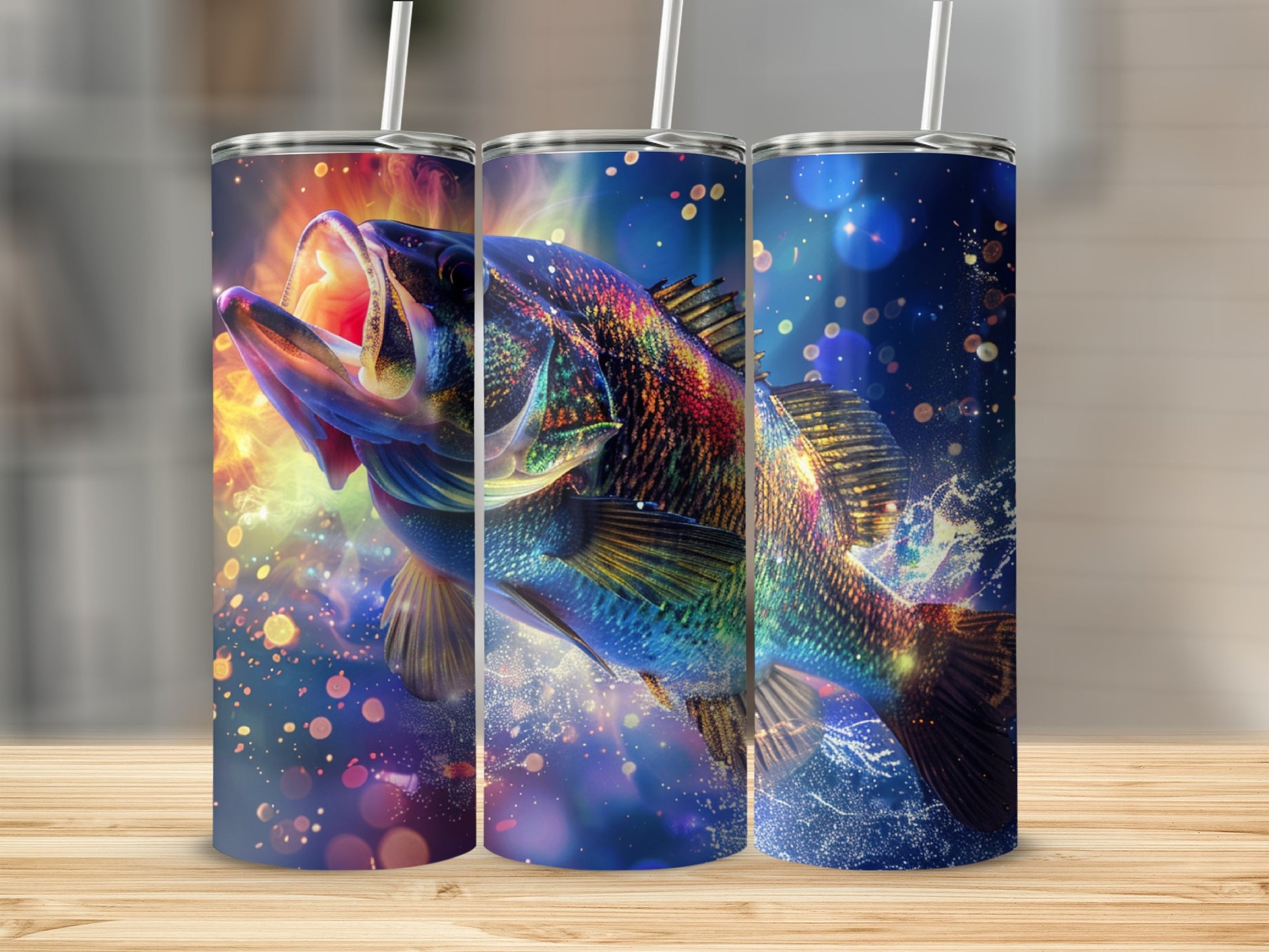 Three tumblers featuring a colorful bass fish jumping out of water.