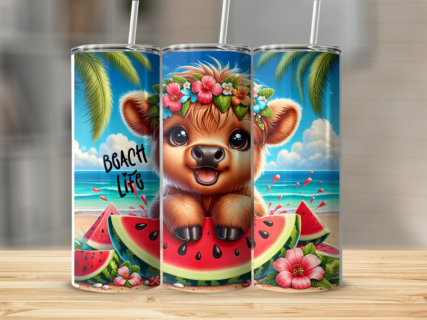 Cute cartoon calf wearing a flower crown surrounded by watermelon slices on a beach.