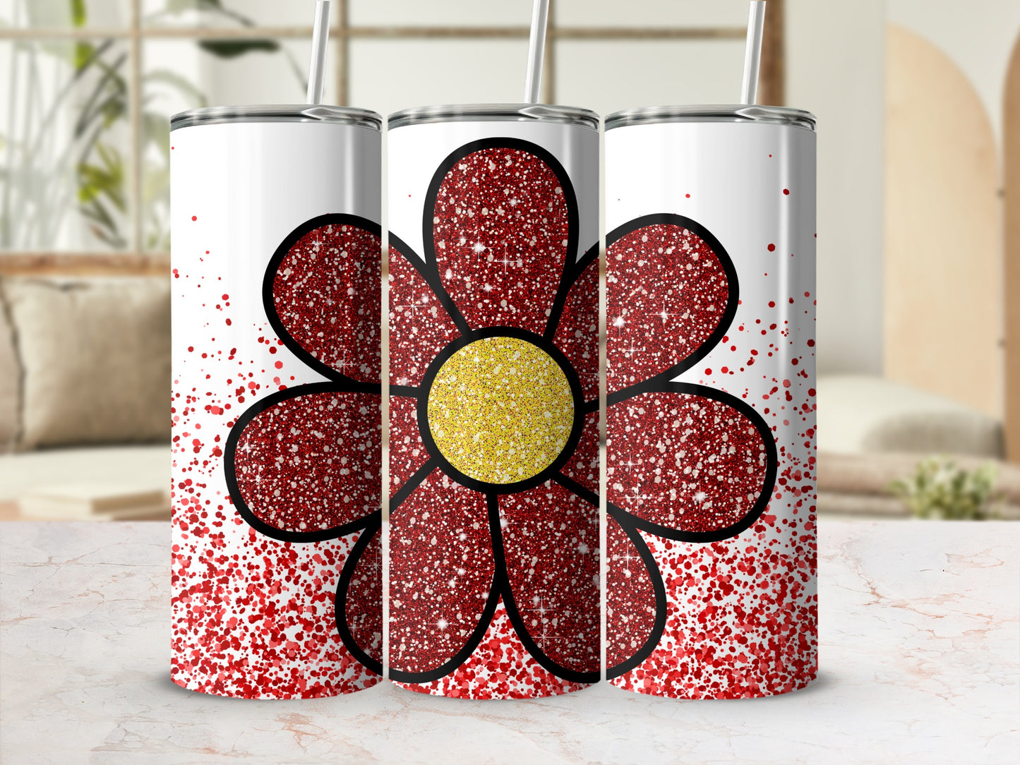 Red and Yellow Floral Glitter Design Tumbler