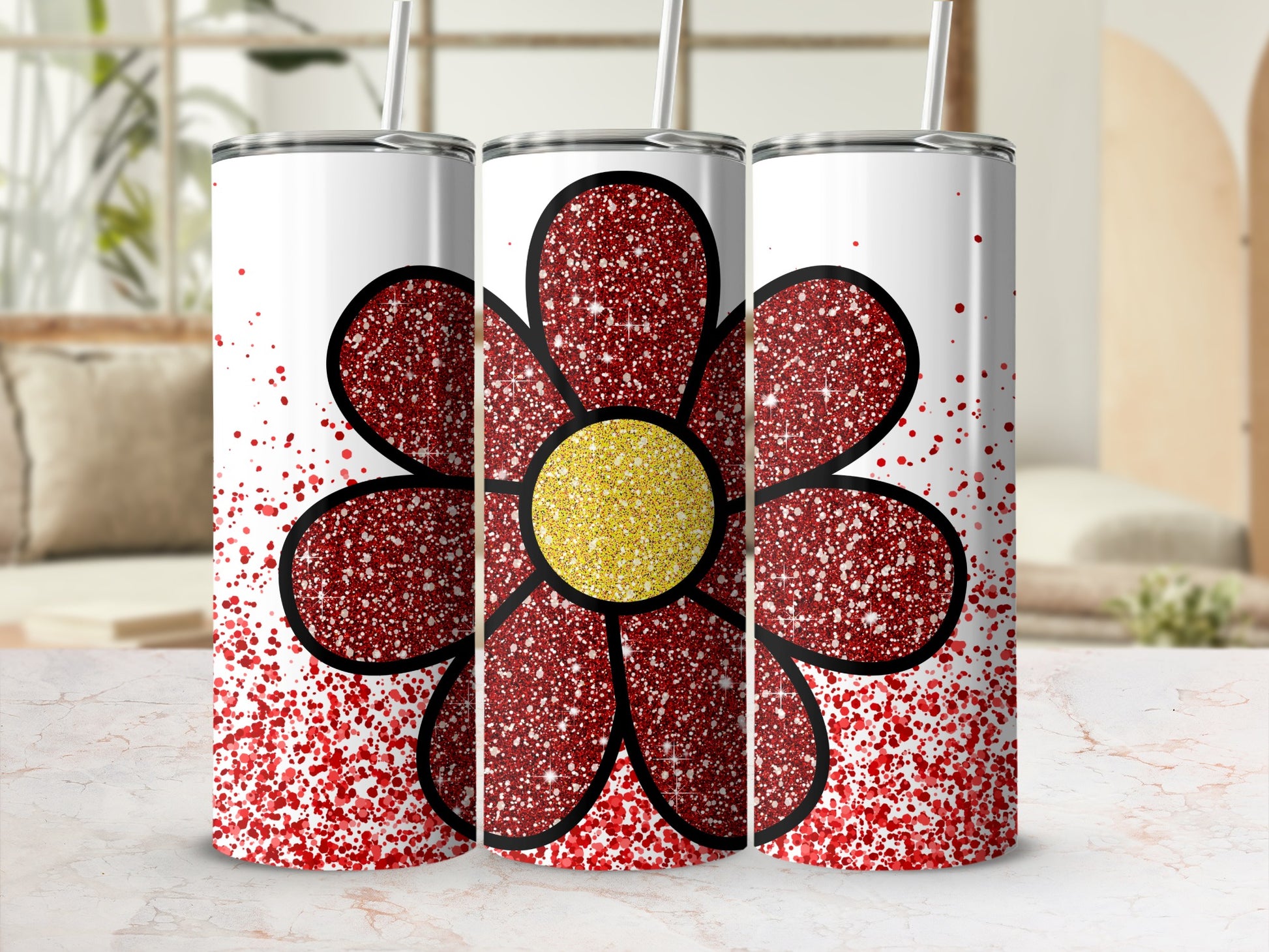 Red and Yellow Floral Glitter Design Tumbler