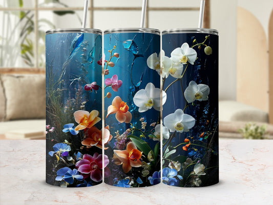 Three tumblers featuring abstract floral art with orchids and blue brushstrokes.