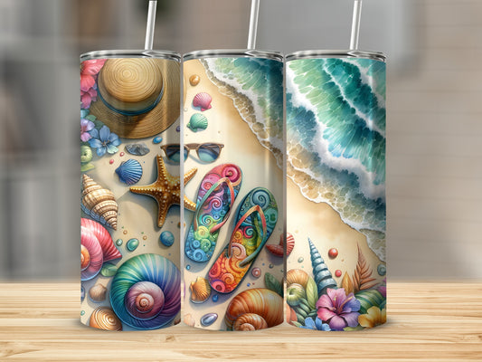 Three tumblers with beach scene, shells, starfish, flip-flops, and flowers.
