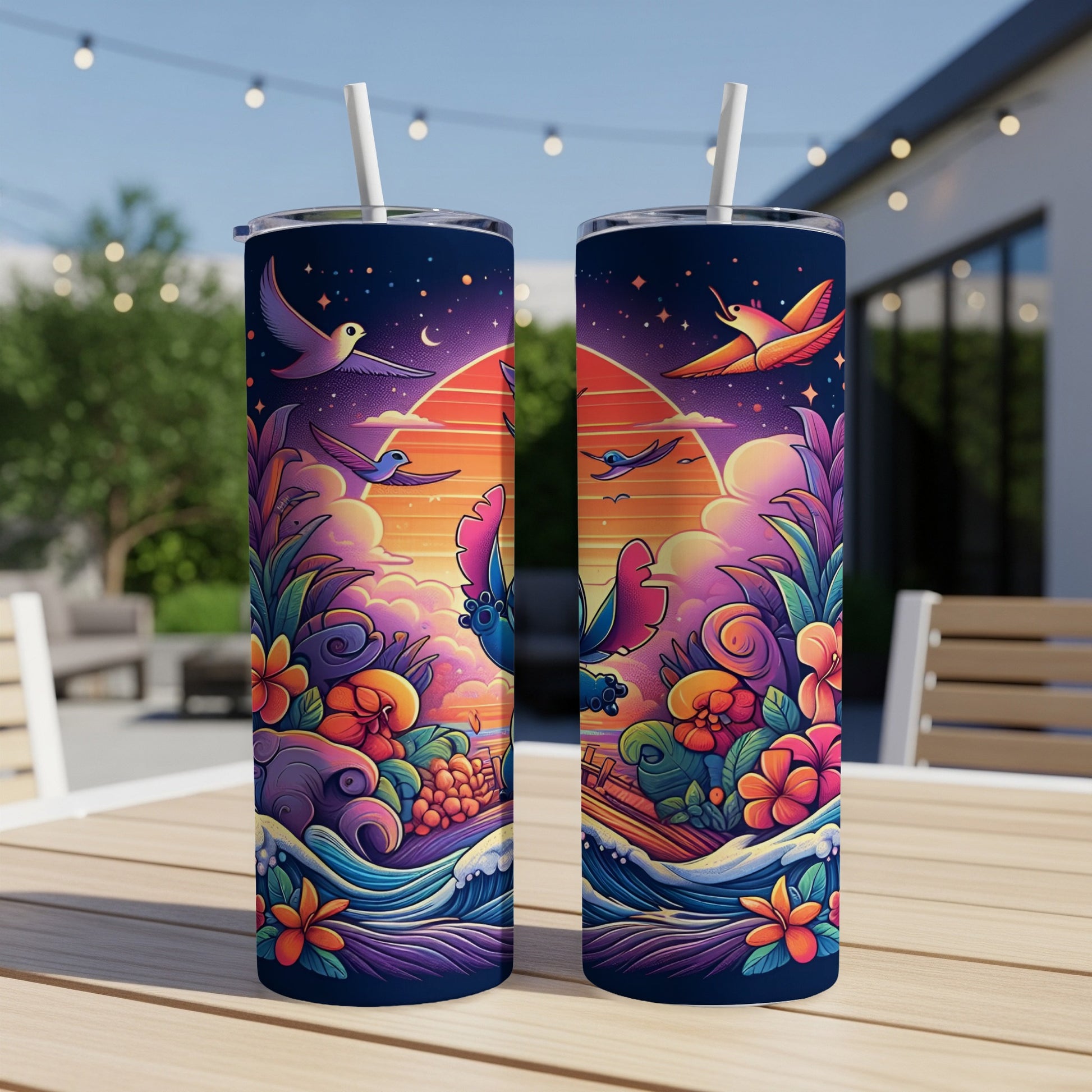 Two tumblers with a colorful tropical sunset and bird design.