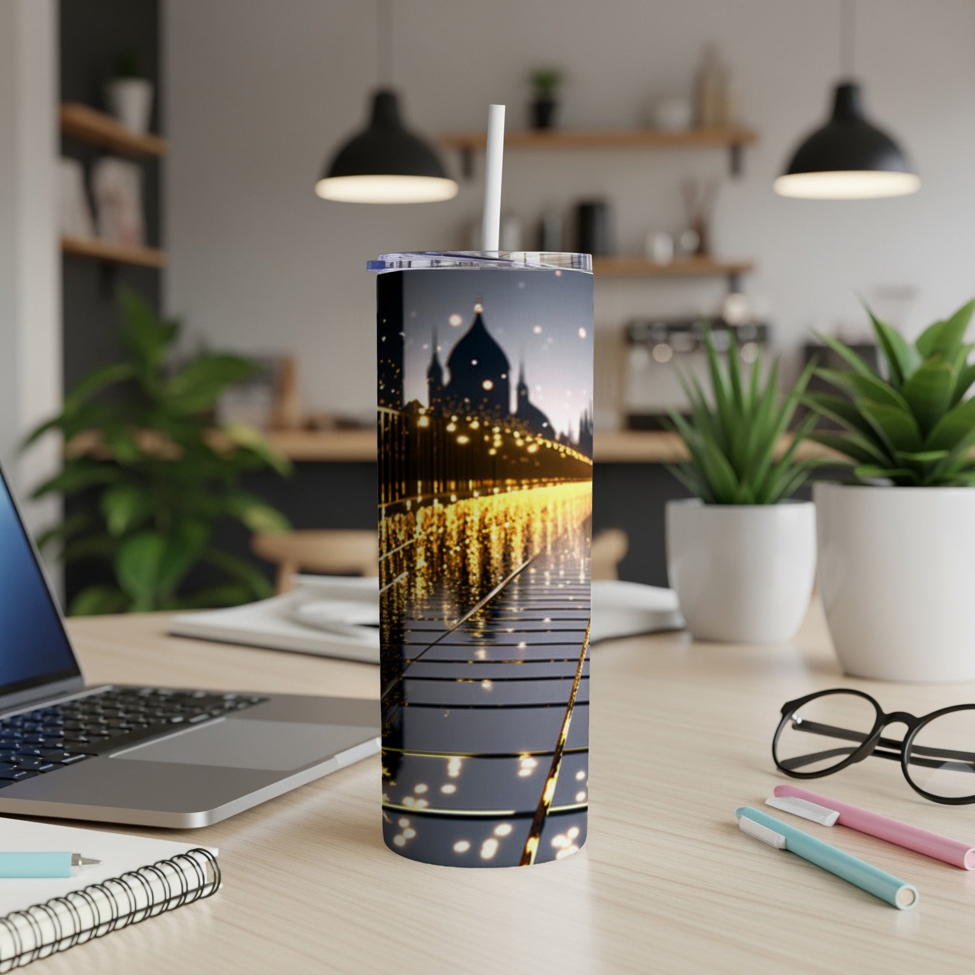 Tall tumbler with a cityscape reflection design.