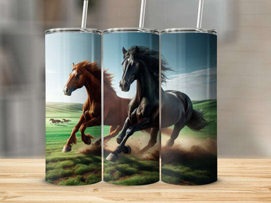 Three tumblers with galloping horses on a grassy plain.