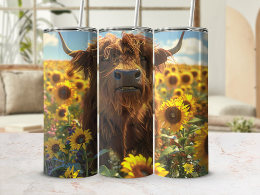 Highland cow in sunflower field on insulated tumbler.