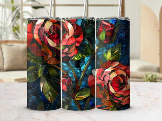 Triptych of stained glass red roses and green leaves against a dark blue background.