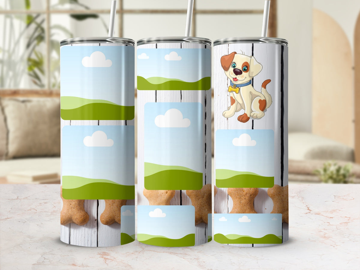 Tumblers with cartoon puppy and bone biscuit designs and customizable photo frames.