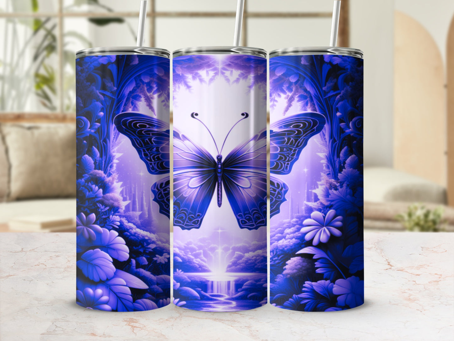 Blue butterfly and floral design on a set of three tumblers.