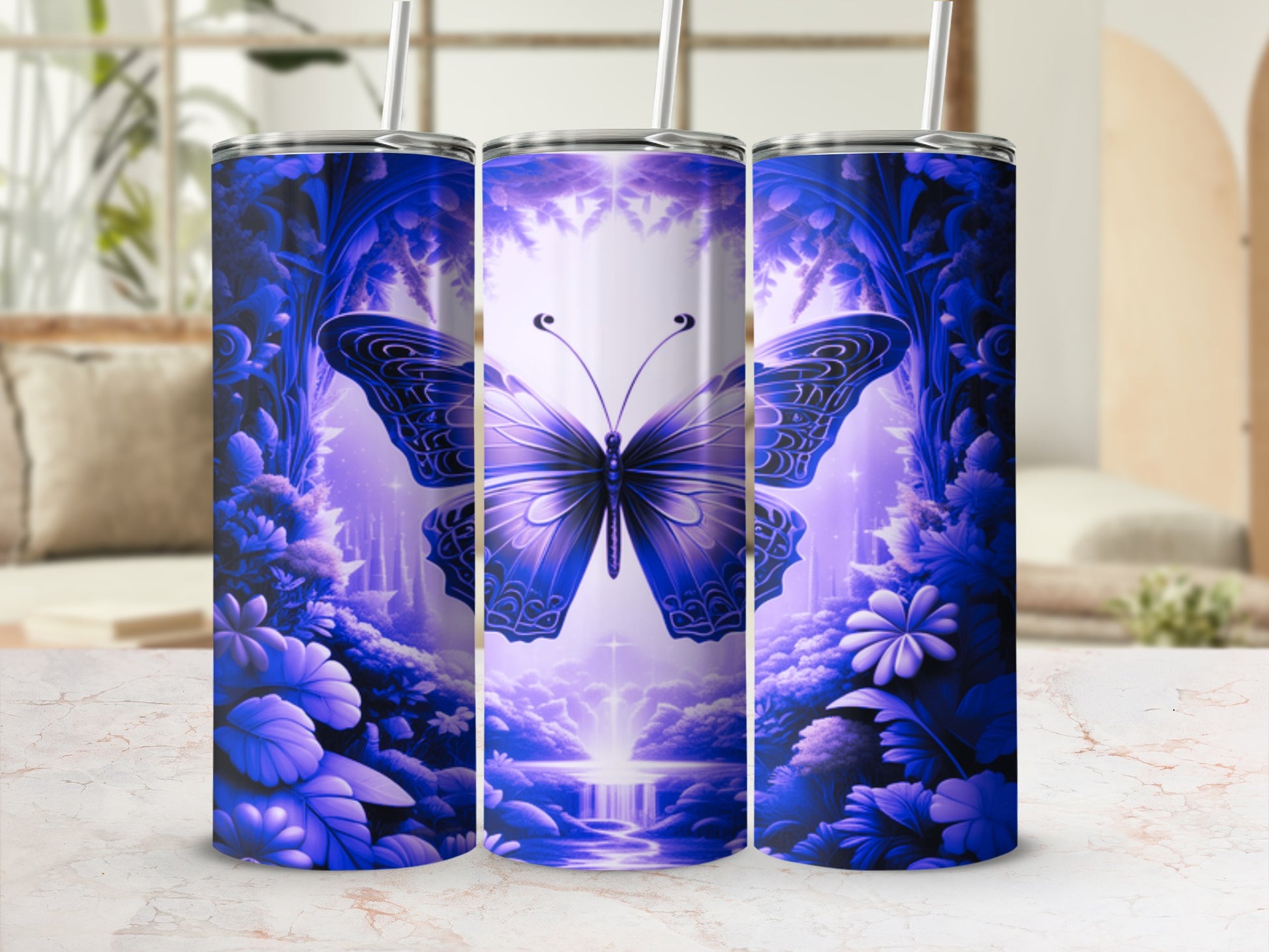 Blue butterfly and floral design on a set of three tumblers.