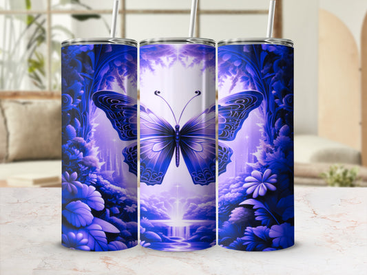 Blue butterfly and floral design on a set of three tumblers.