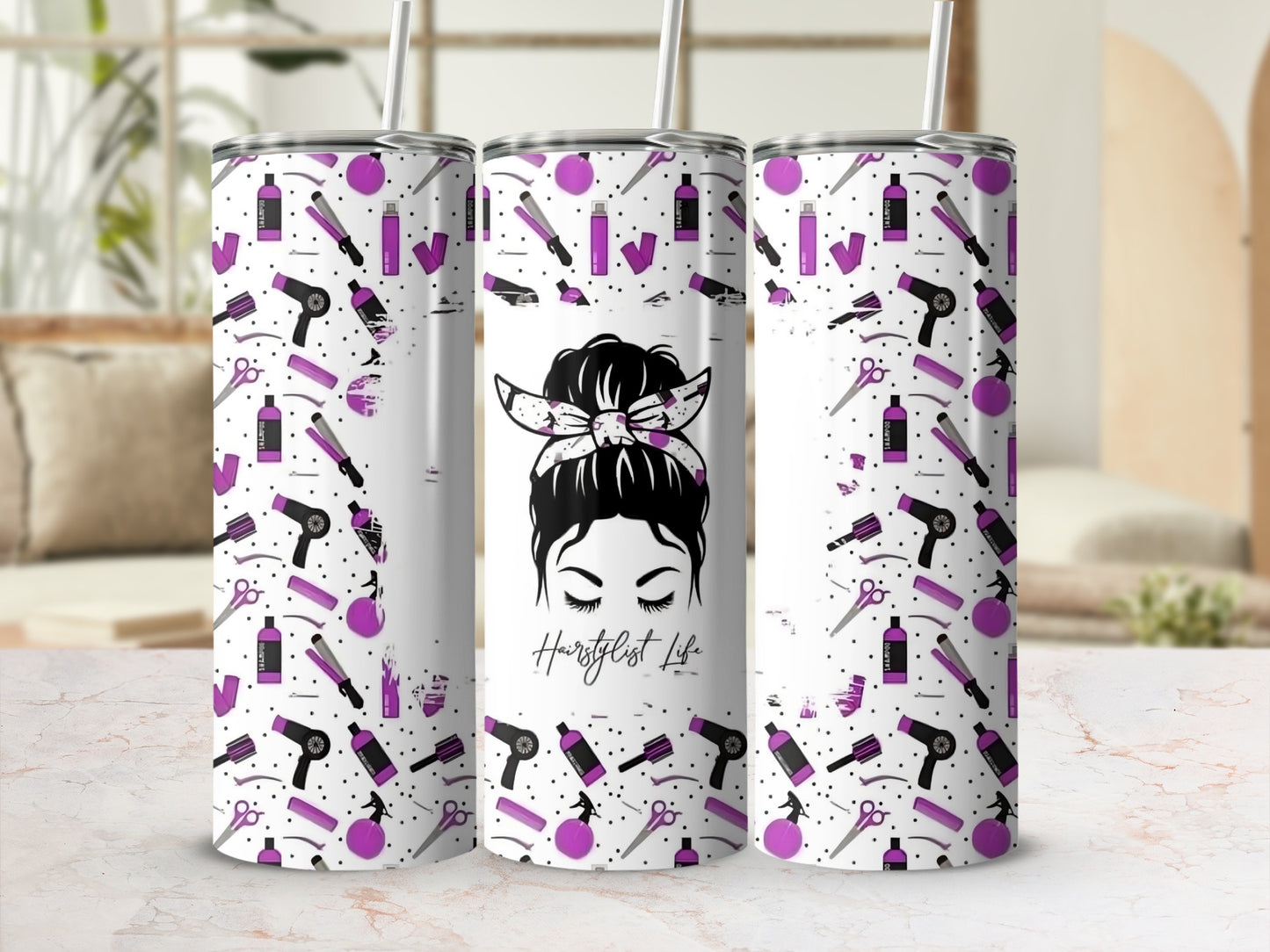 Hairstylist Life Tumbler with Fun Hair Tools Pattern