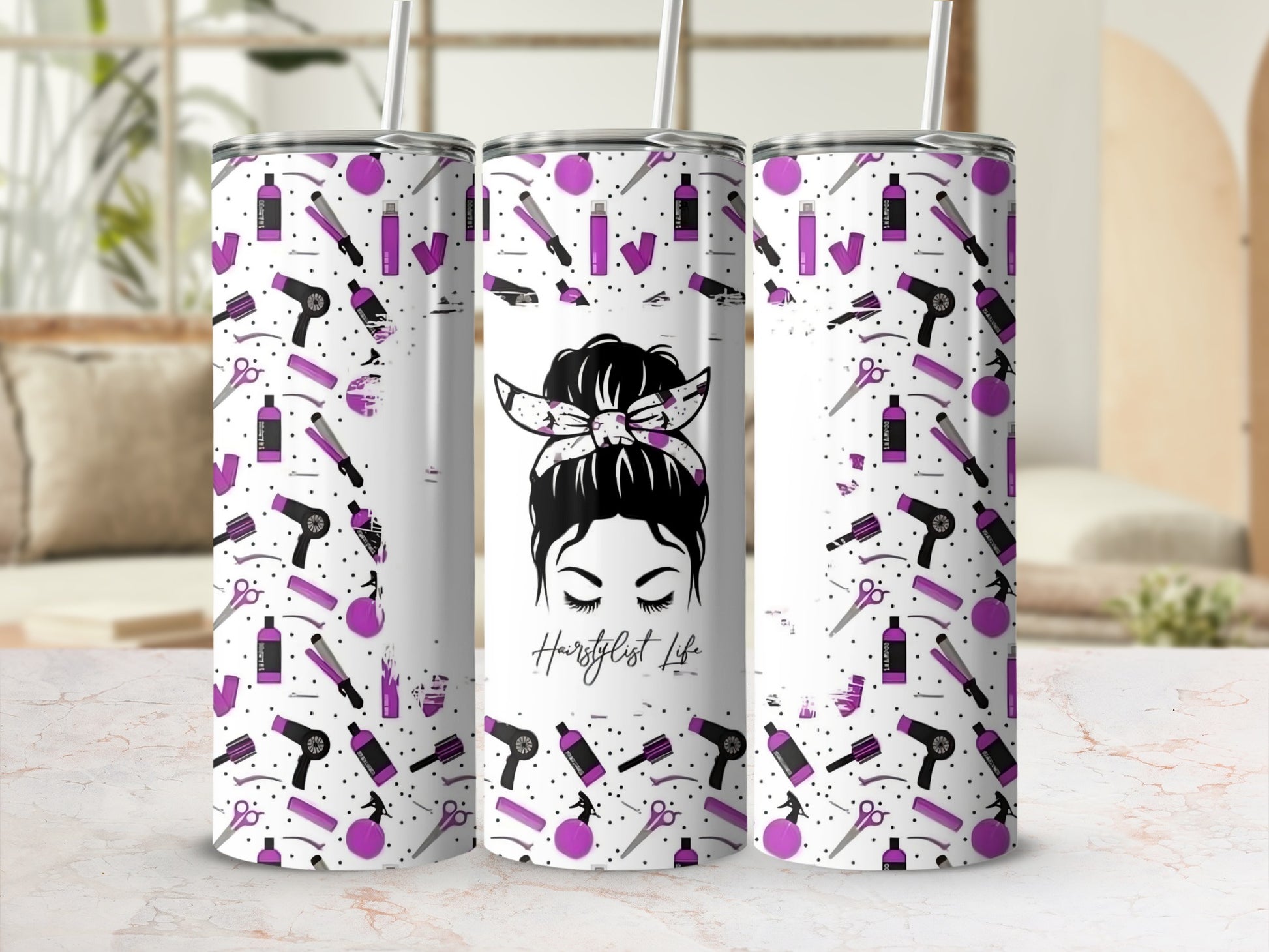Hairstylist Life Tumbler with Fun Hair Tools Pattern
