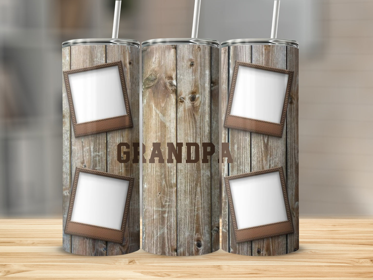 Tumbler with rustic wood design, photo frames, and the word GRANDPA.