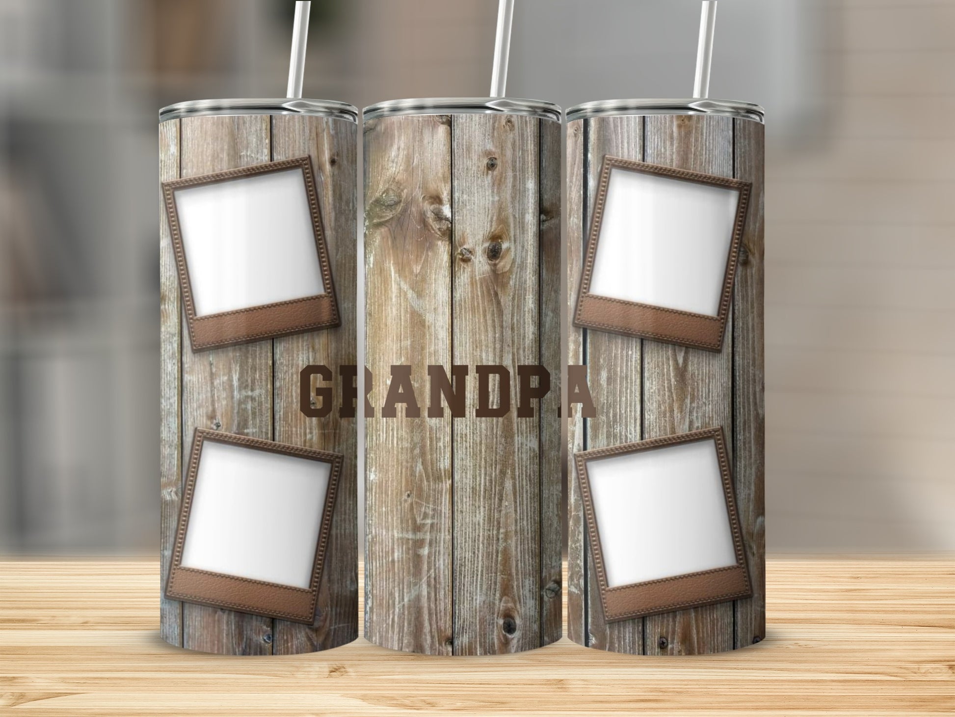 Tumbler with rustic wood design, photo frames, and the word GRANDPA.