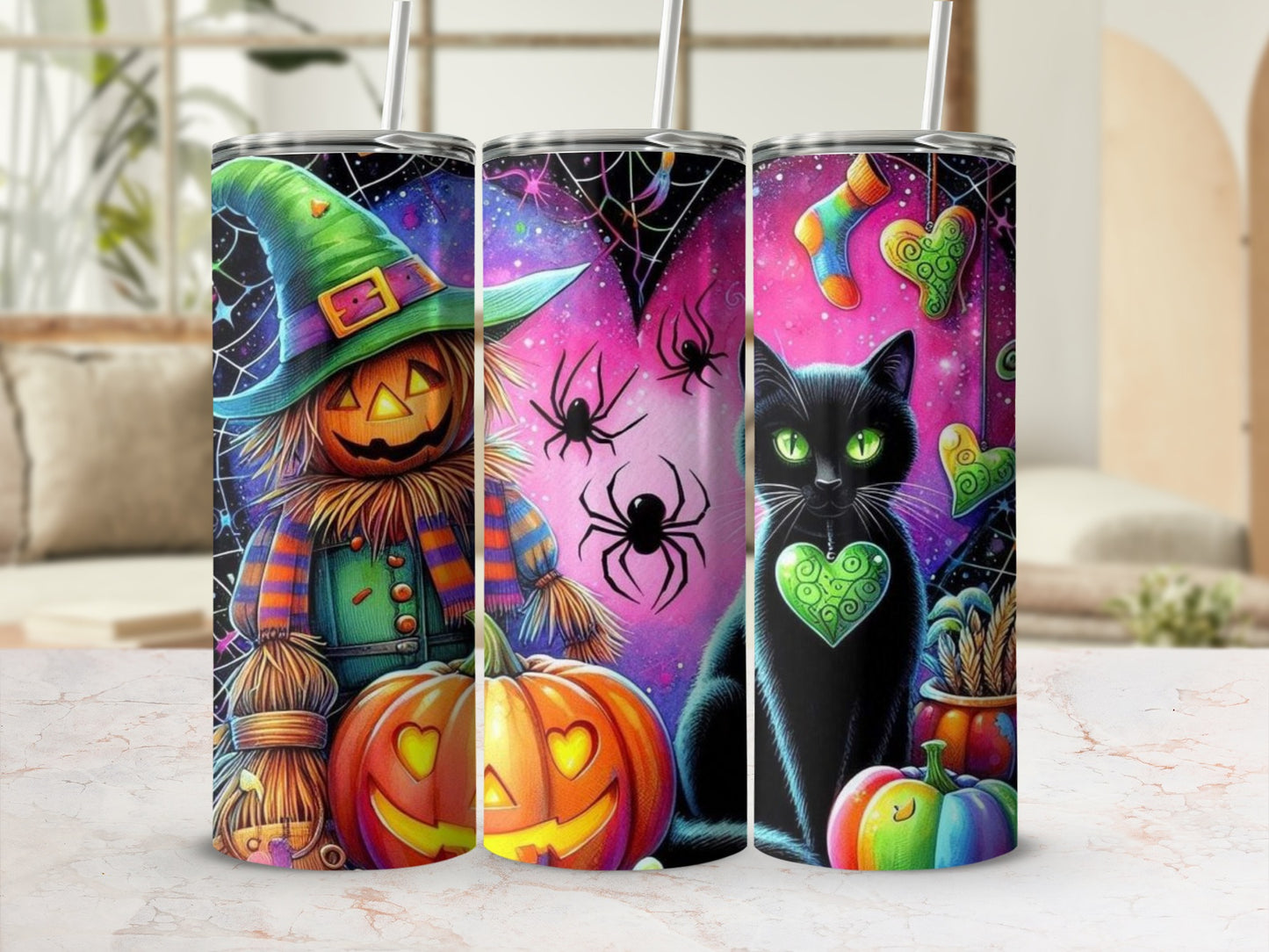 Halloween tumblers with scarecrow, black cat, pumpkins, spiders, and colorful hearts.