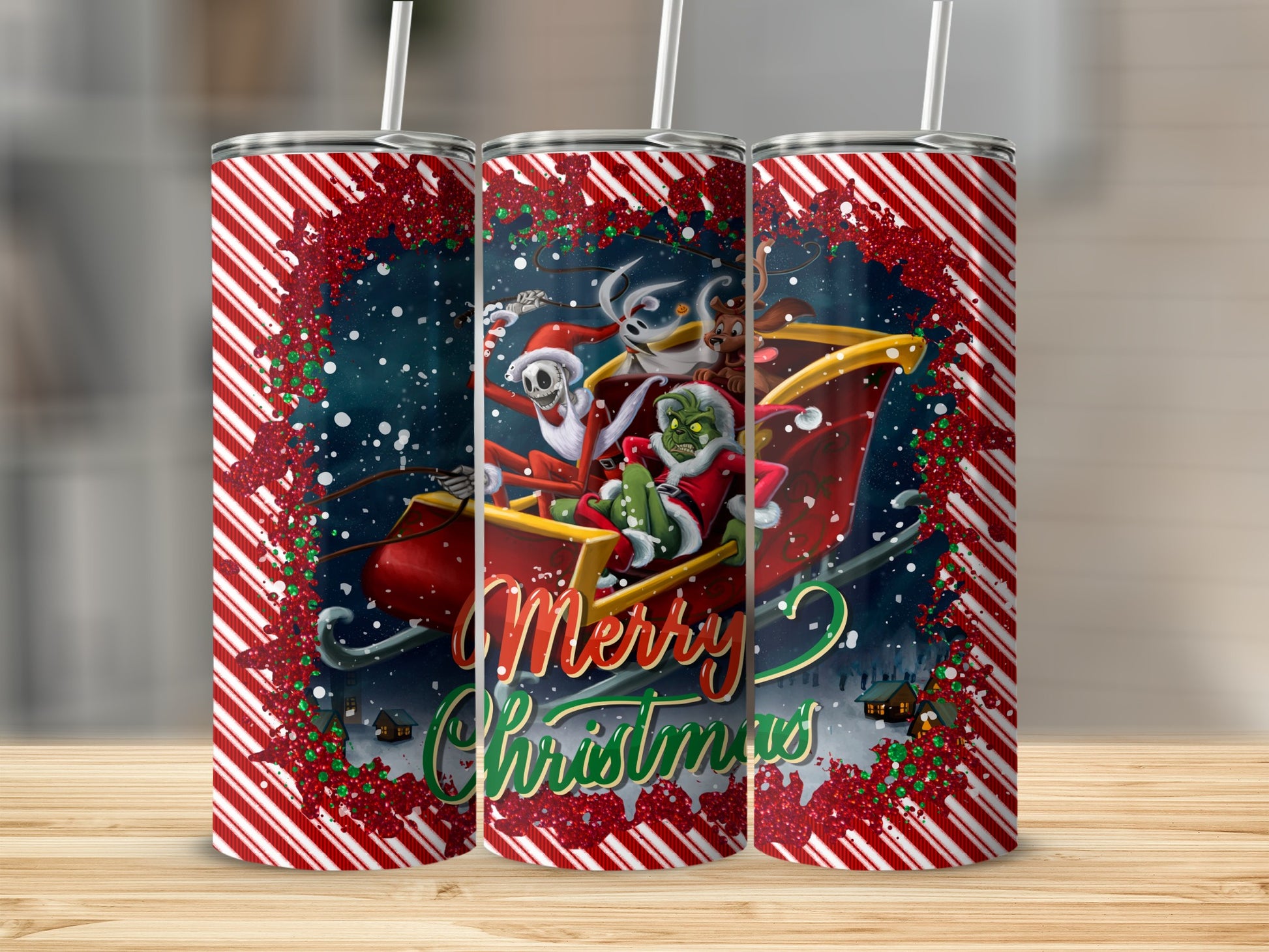 Three tumblers featuring the Grinch and Santa in a sleigh, with candy cane borders.