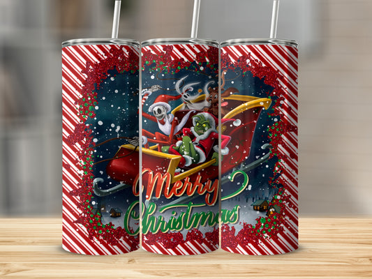 Three tumblers featuring the Grinch and Santa in a sleigh, with candy cane borders.