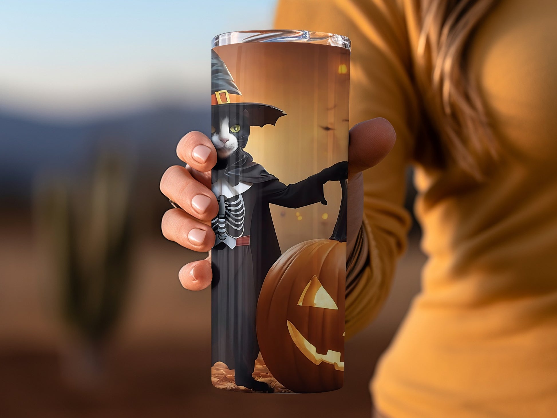Halloween Cat Pumpkin Theme Tumbler with Witch Hat Design