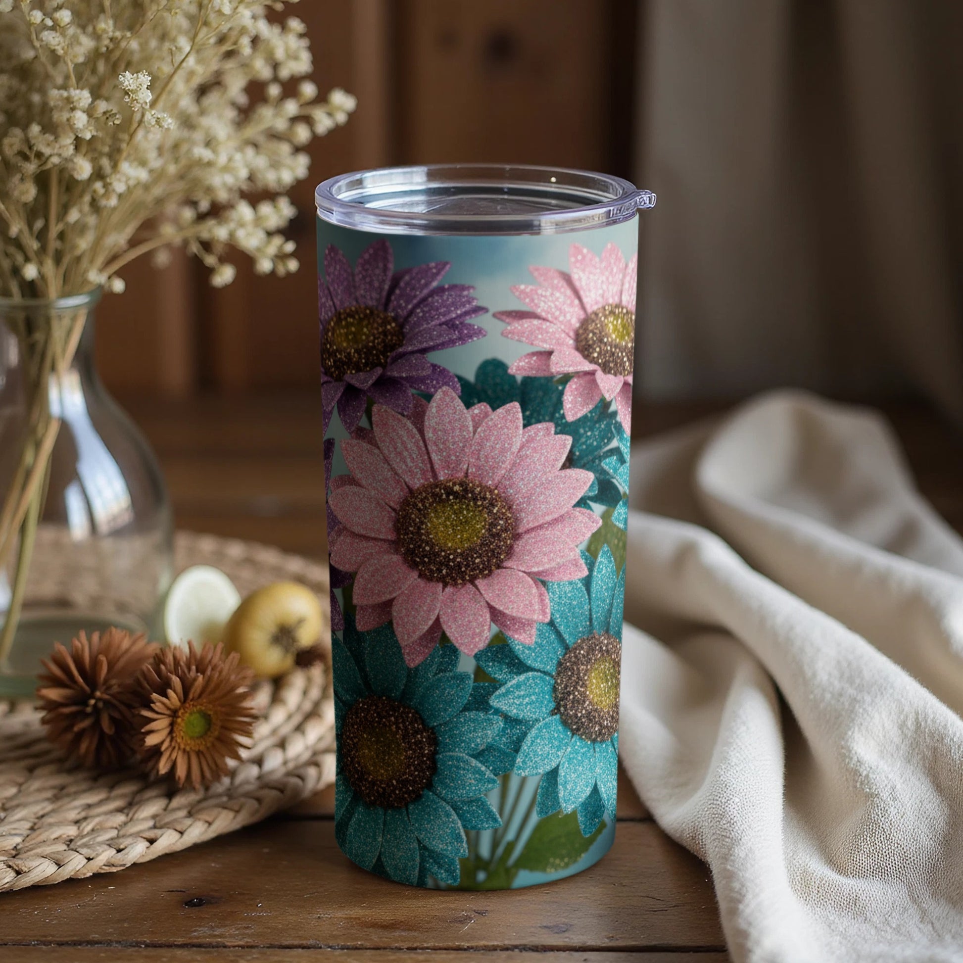 Glitter Sunflower Design Insulated Tumbler