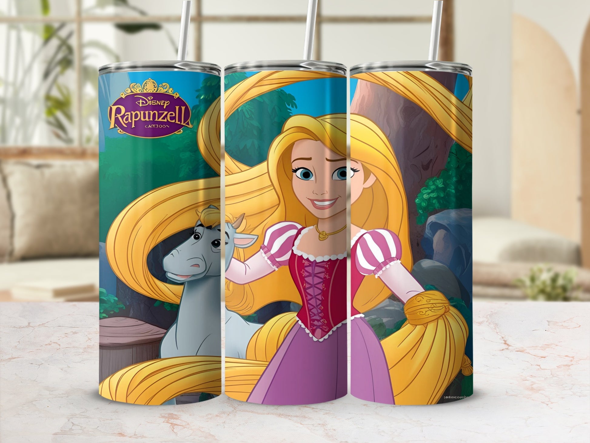 Disney Tangled Rapunzel tumbler with horse and forest background.
