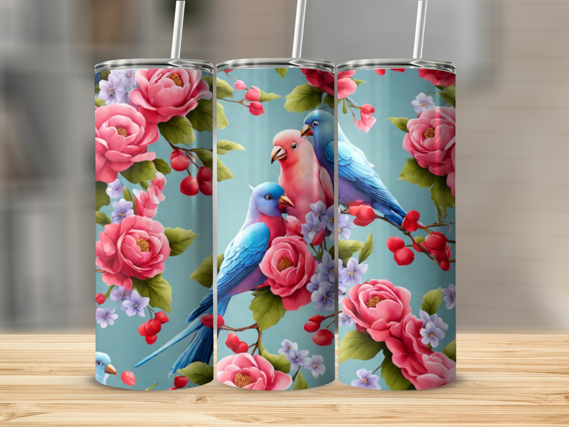Pink and blue birds on branches with roses and small purple flowers.