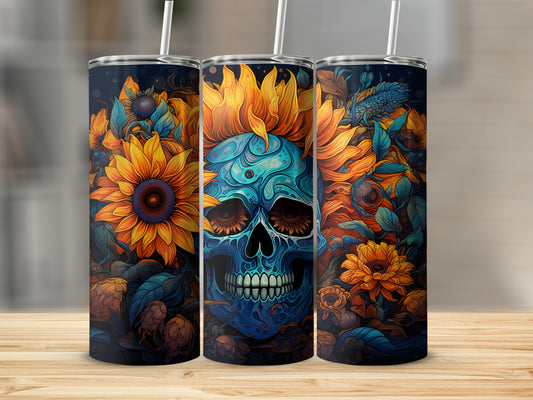 Blue skull with sunflower and floral design on three tumblers.