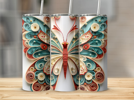 Three colorful butterfly-themed tumblers with detailed quilled paper wings.