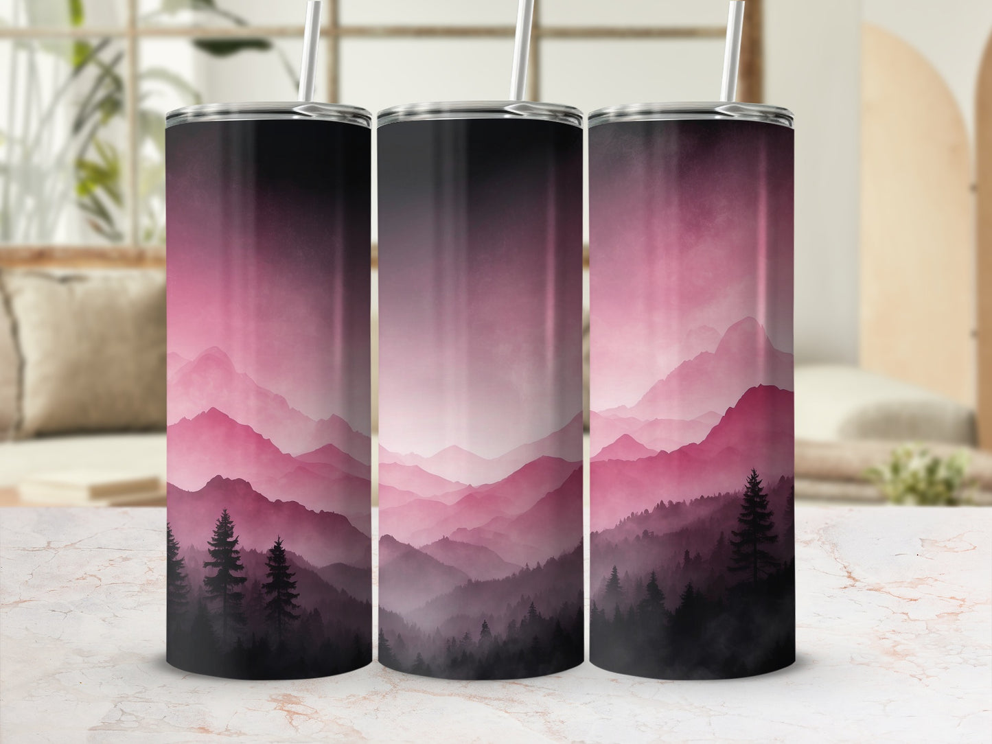 Three tumblers with a pink and black mountainous landscape design.