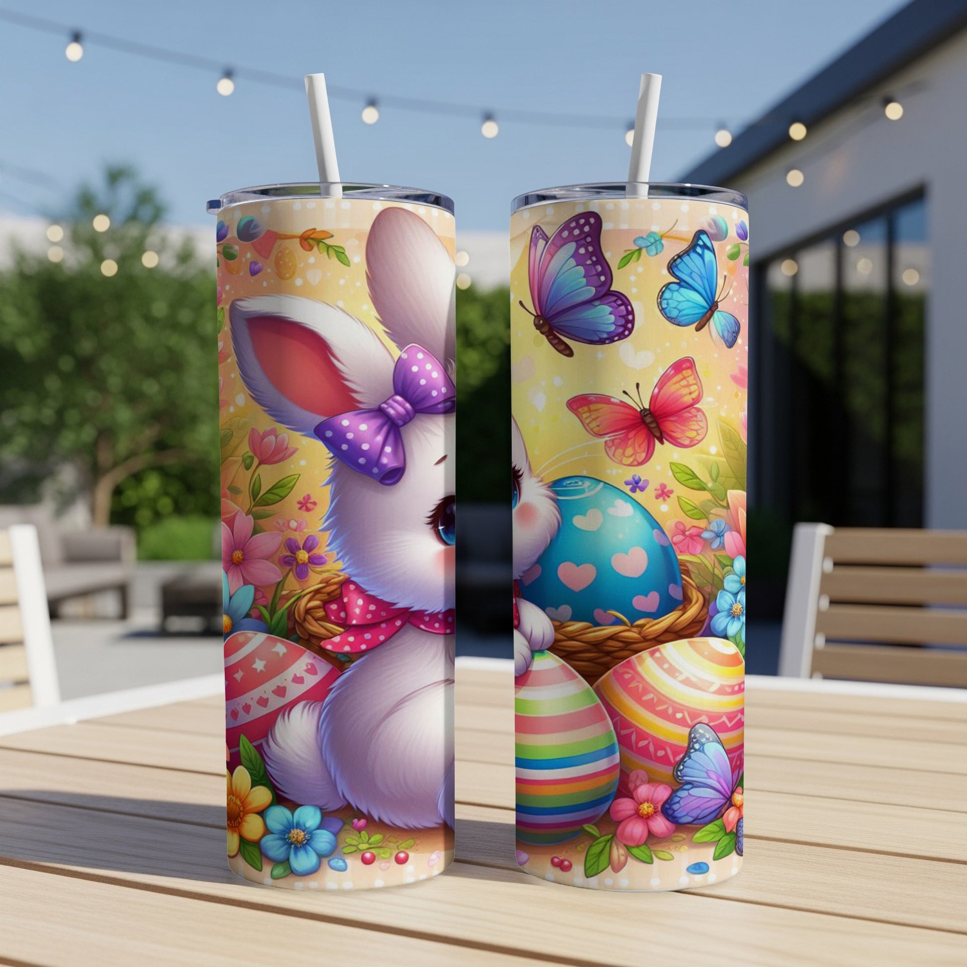 Easter bunny with colorful eggs and butterflies on a tumbler.