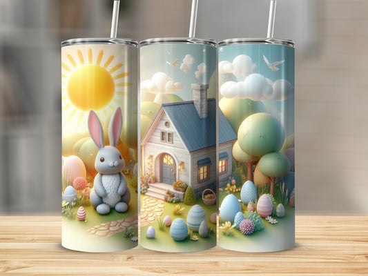 Easter bunny, colorful eggs, and a cottage in a spring landscape.