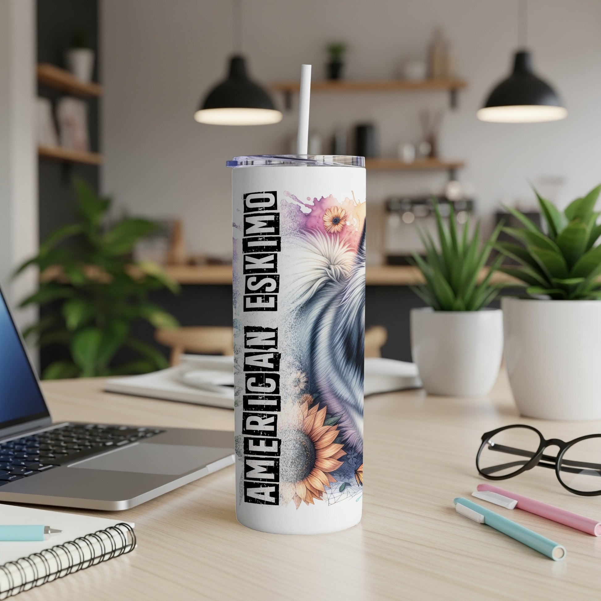 White tumbler with "American Eskimo" text and sunflower design.