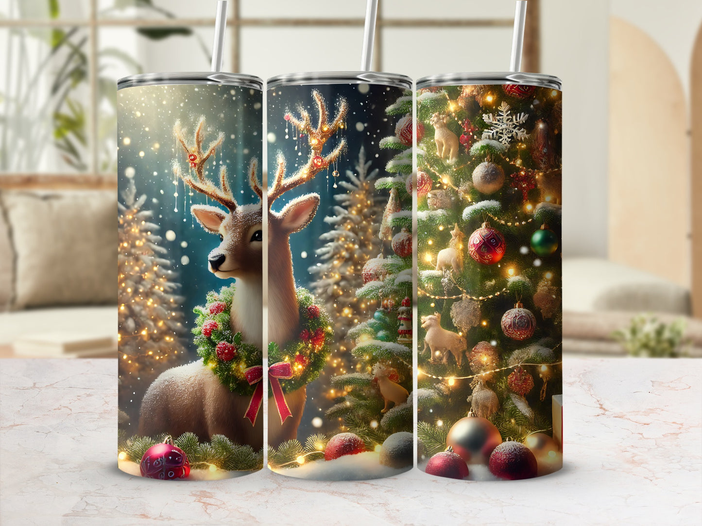 Christmas tumbler with reindeer, decorated tree, and festive snowy background.