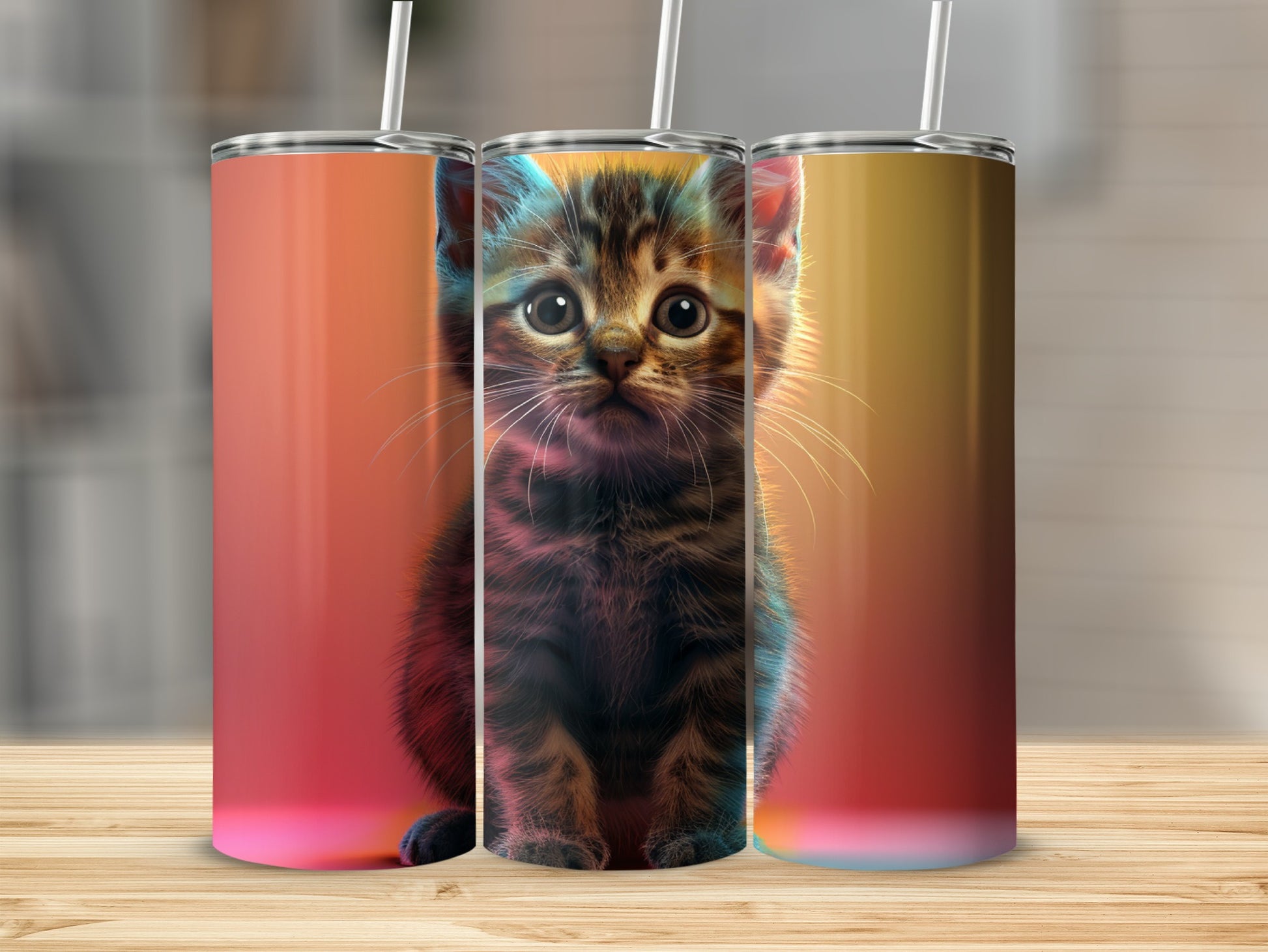 Tabby kitten with straw in a colorful gradient tumbler.