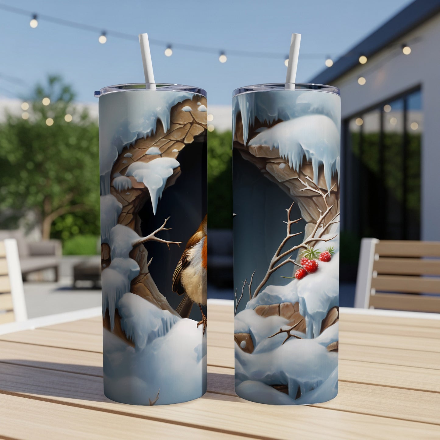 Two tumblers with robin and berry illustration on snowy branches.