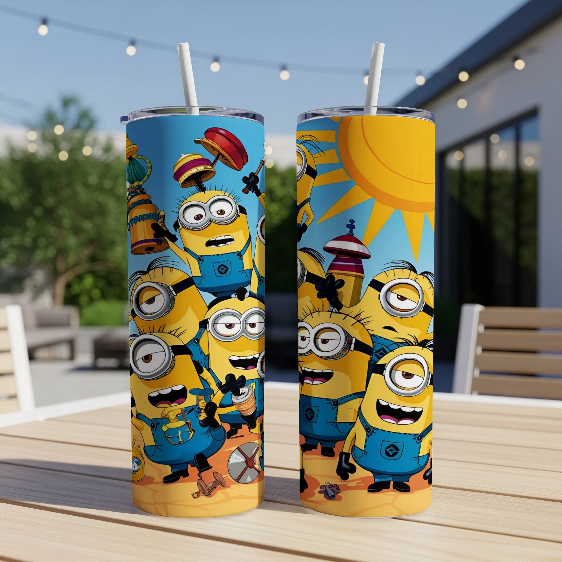 Minions wearing blue overalls on a yellow tumbler with a sunny background.