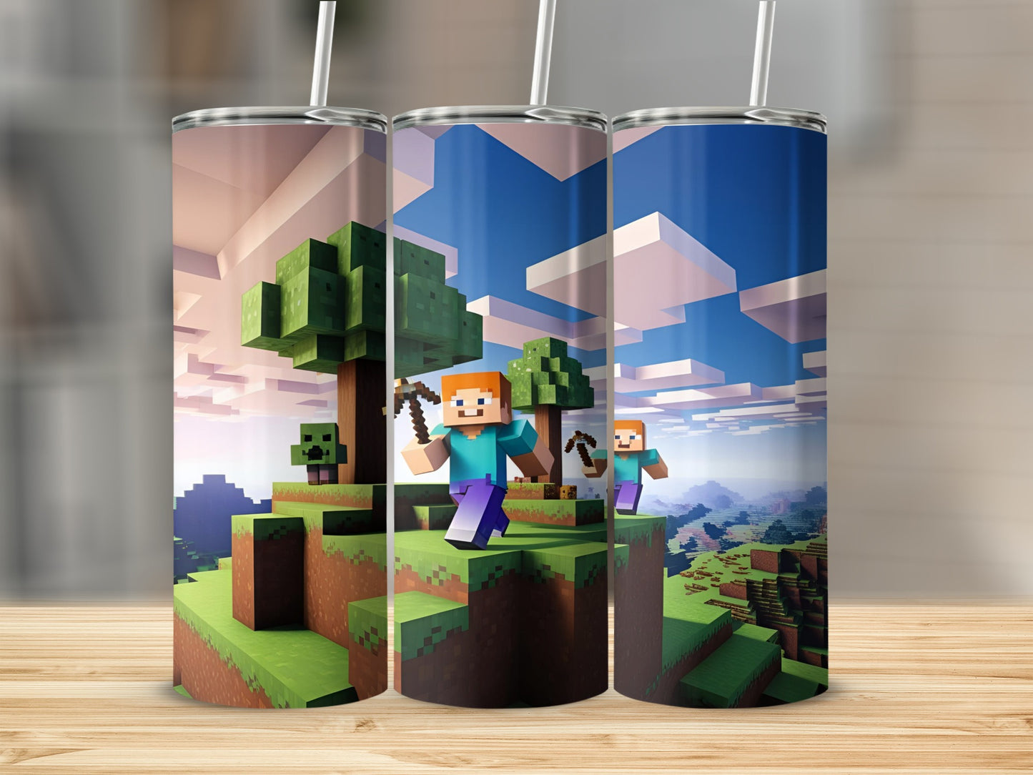 Minecraft characters and landscape on three tumblers.