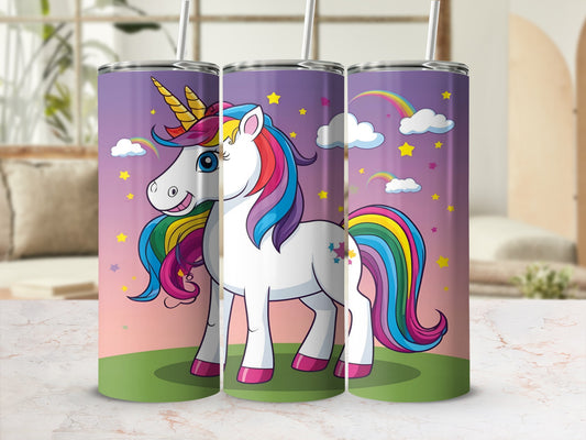 Unicorn with rainbow mane and tail on a pink and green background.
