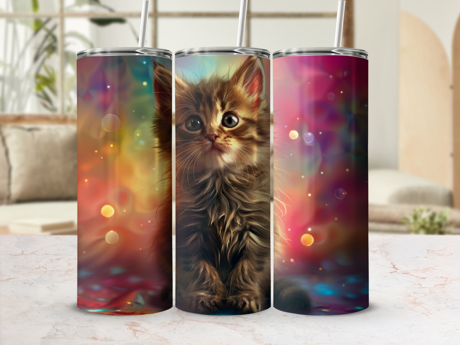 Kitten with bokeh lights on a tumbler cup.