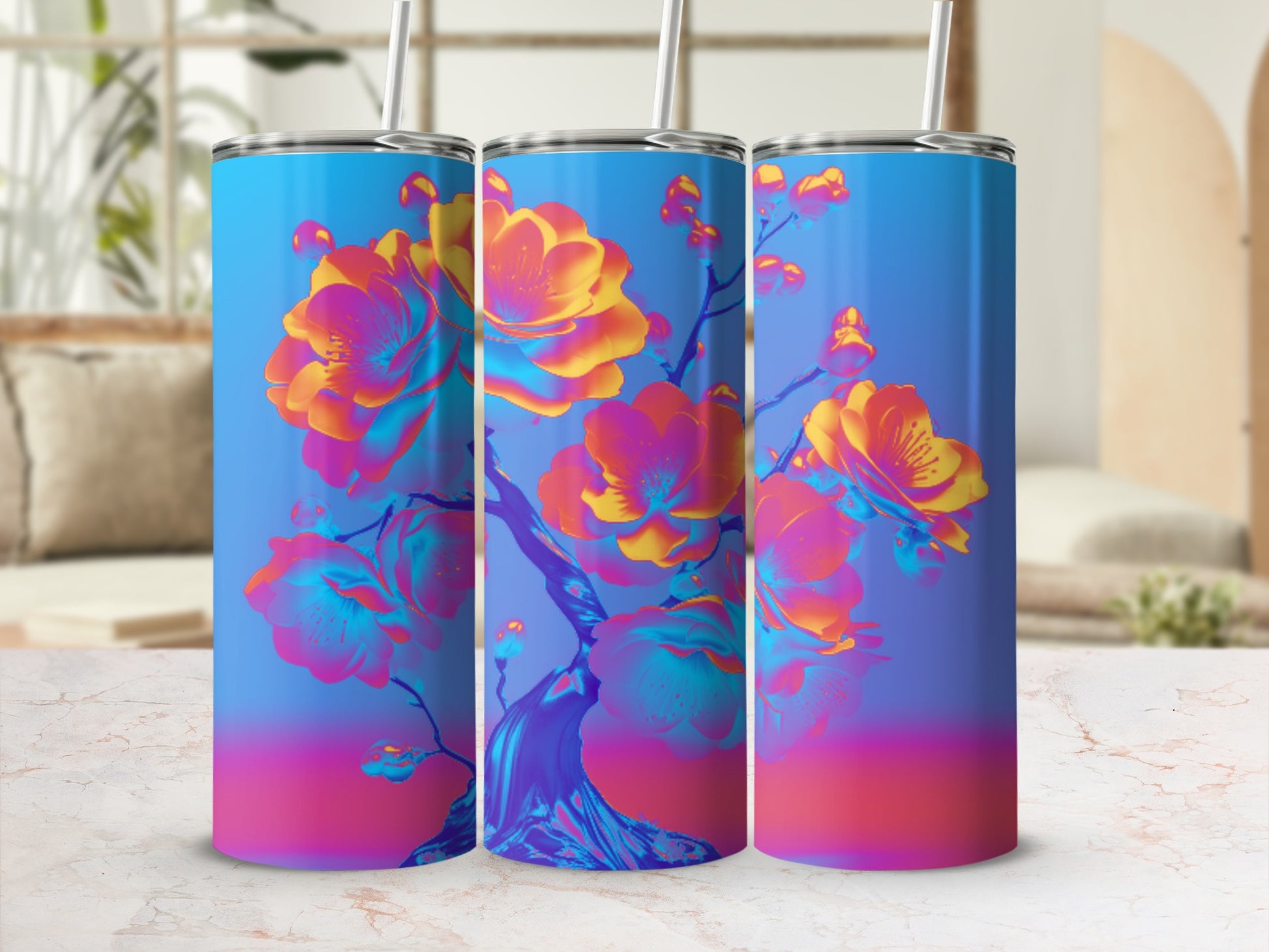 Triptych of tumblers with vibrant floral art and blue-to-pink gradient.