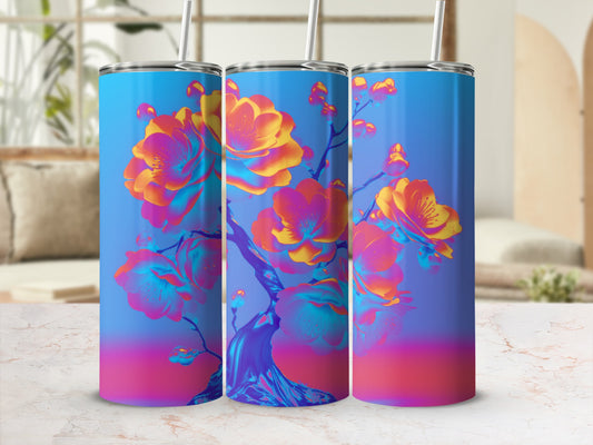 Triptych of tumblers with vibrant floral art and blue-to-pink gradient.