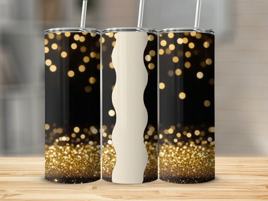 Three tumblers with gold bokeh and white wavy design on black background.