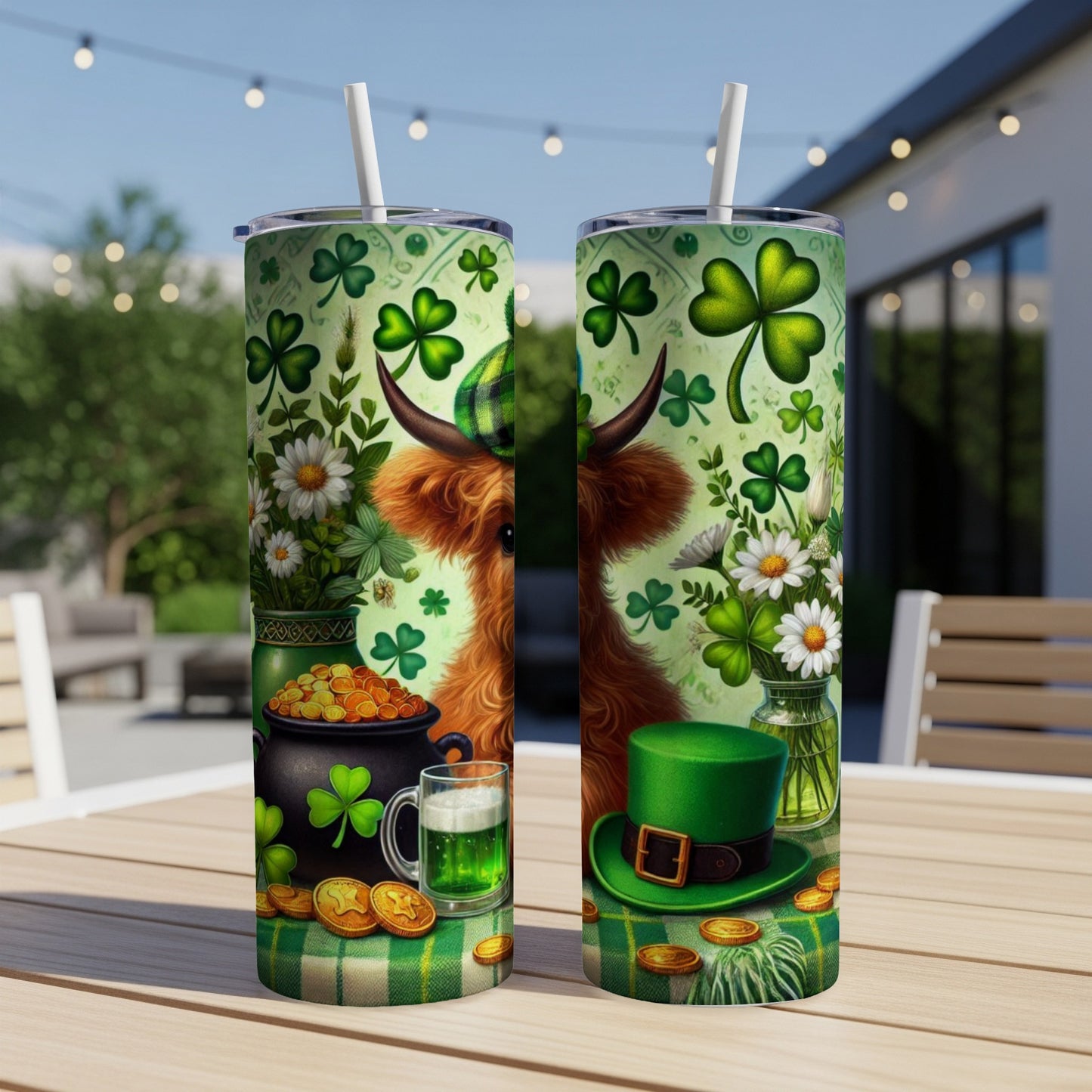 Highland cow in St. Patrick's Day theme with shamrocks and pot of gold.