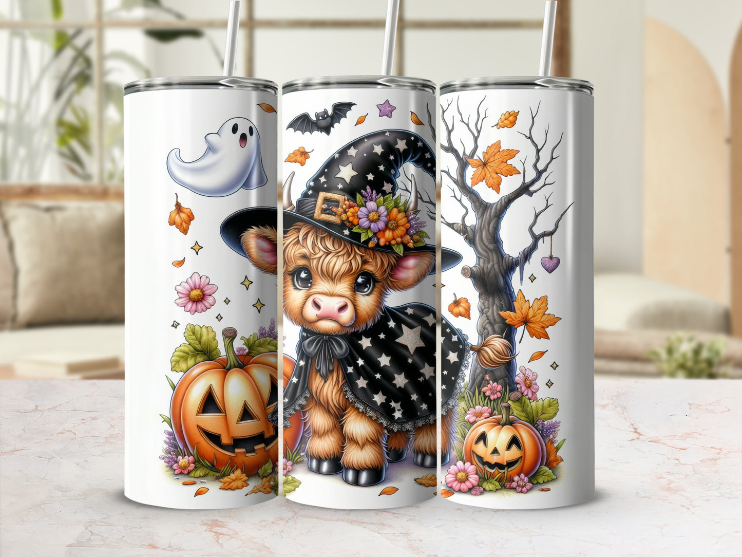 Cute cow in witch hat with pumpkins and ghost, Halloween tumbler.