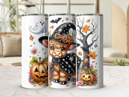 Cute cow in witch hat with pumpkins and ghost, Halloween tumbler.