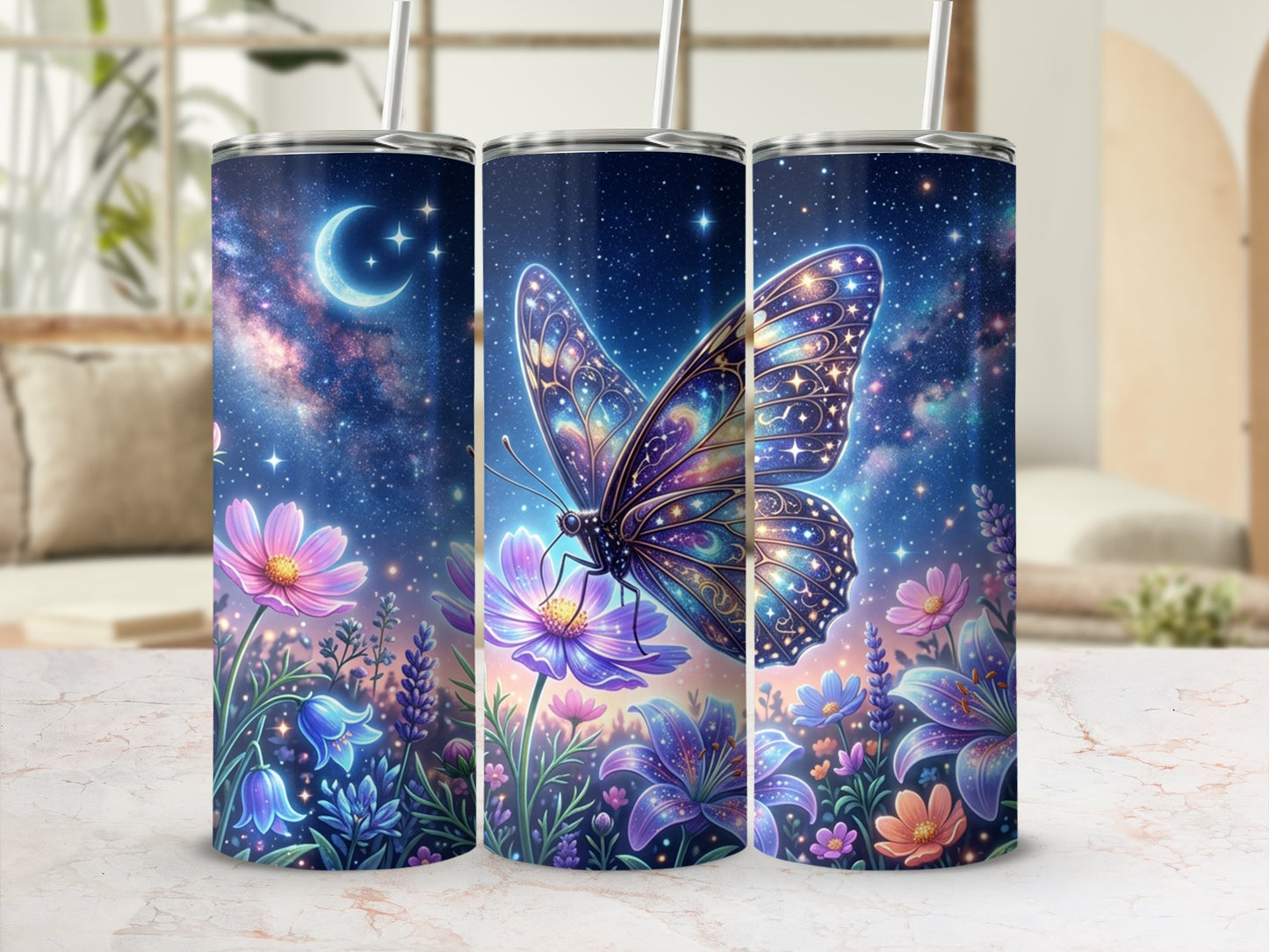 Galaxy butterfly and flowers on a blue starry night sky tumbler.